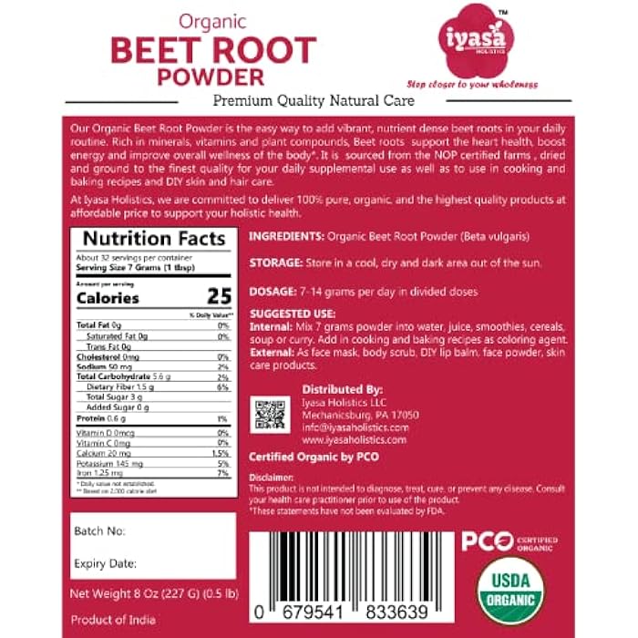Iyasa Holistics Iyasa Organic Beet Root Powder, Plant Based, Vegan, Gluten-Free, Beetroot Superfood for Baking and Cooking 8 oz 223 gm - Image 3