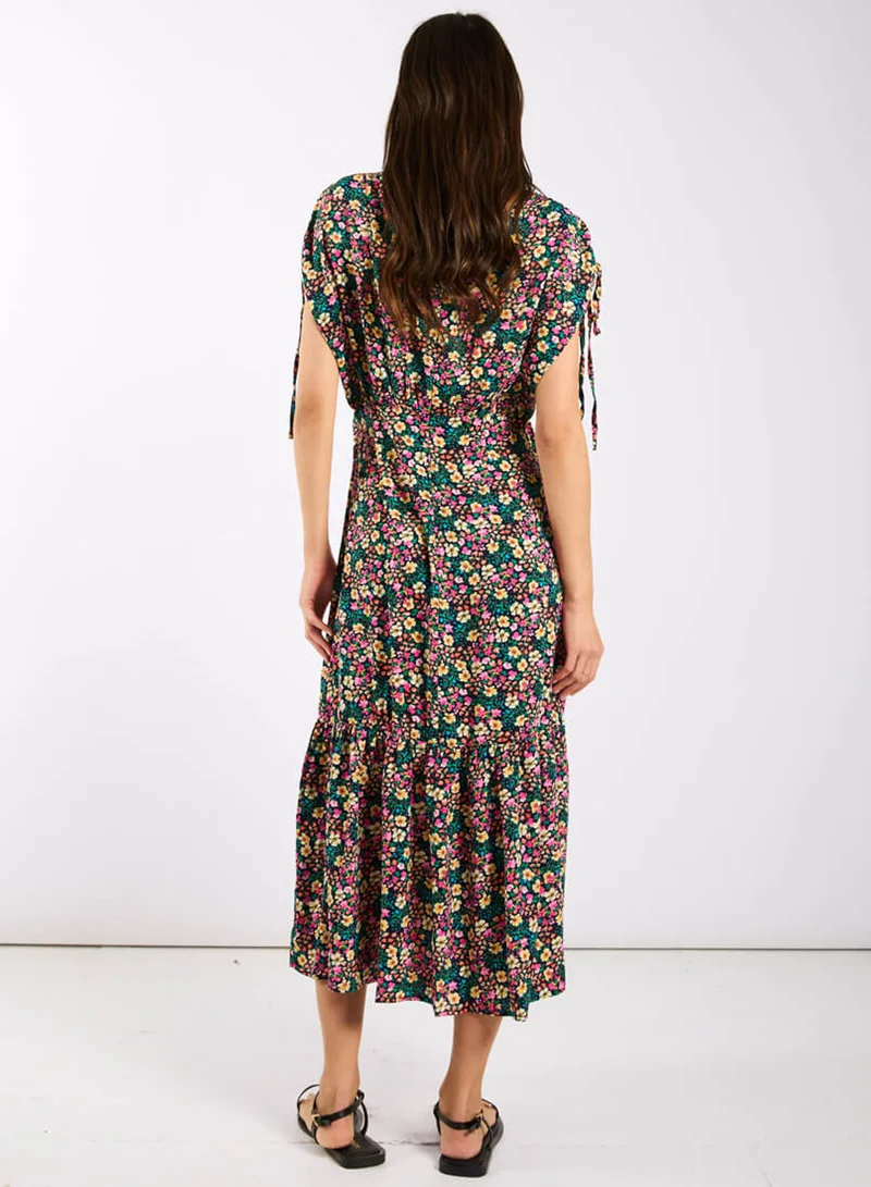 Needs No Label  Multicoloured Floral Gathered Sleeve Midi Dress for Women | Best Price UAE