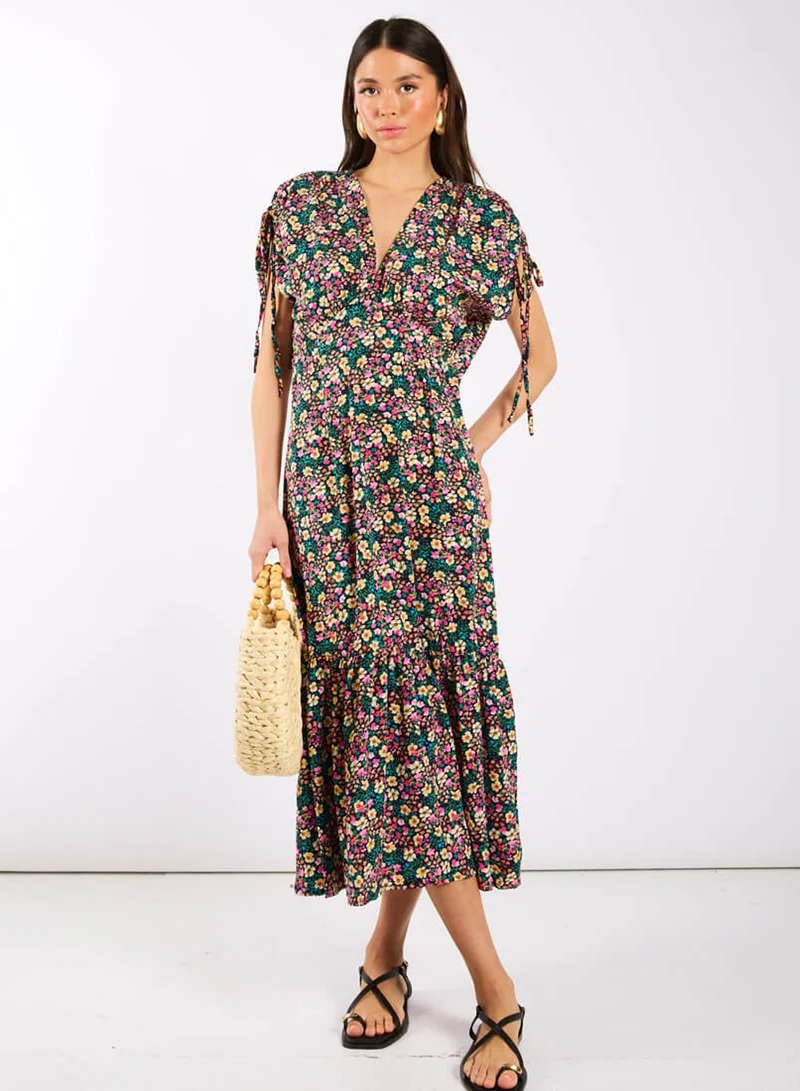 Needs No Label  Multicoloured Floral Gathered Sleeve Midi Dress for Women | Best Price UAE