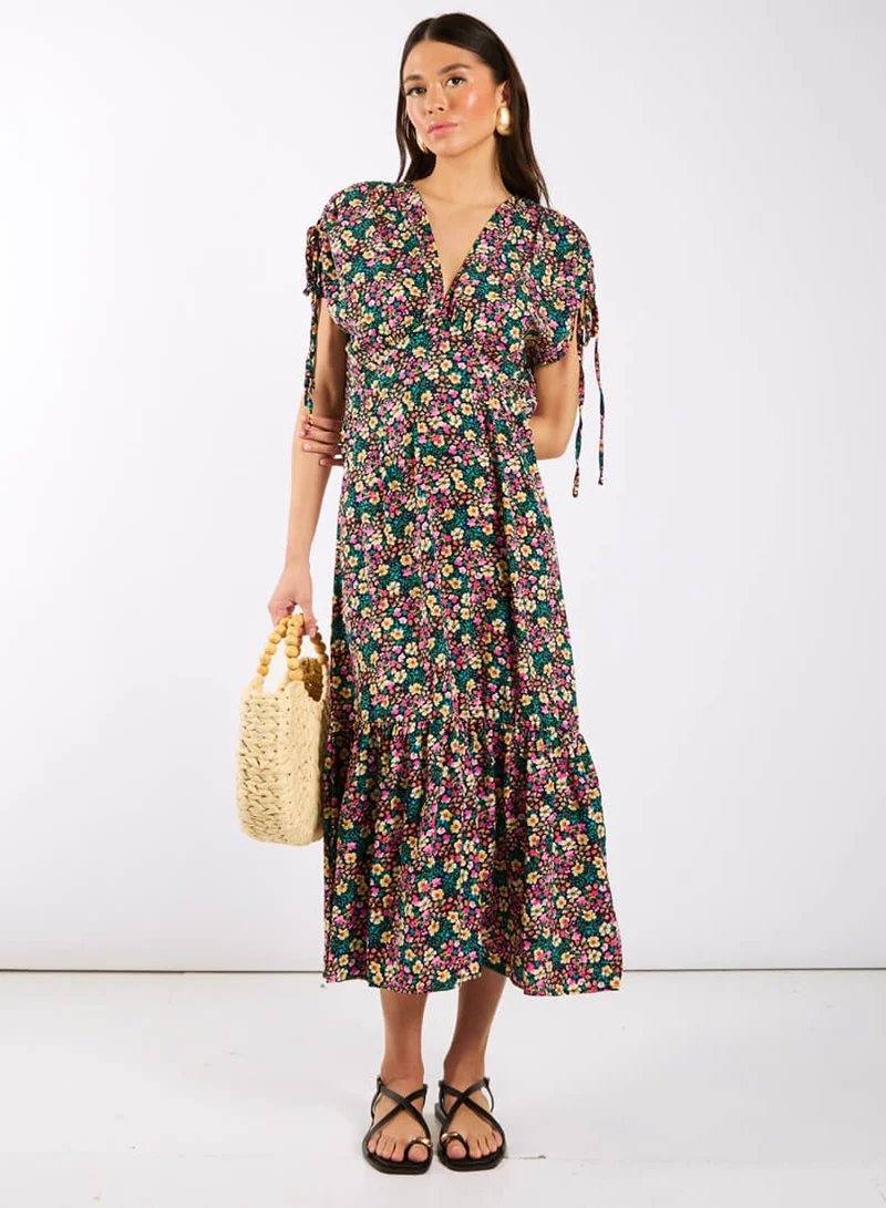 Multicoloured Floral Gathered Sleeve Midi Dress