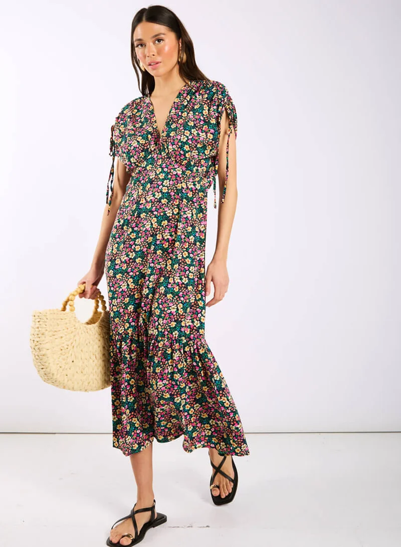 Needs No Label  Multicoloured Floral Gathered Sleeve Midi Dress for Women | Best Price UAE