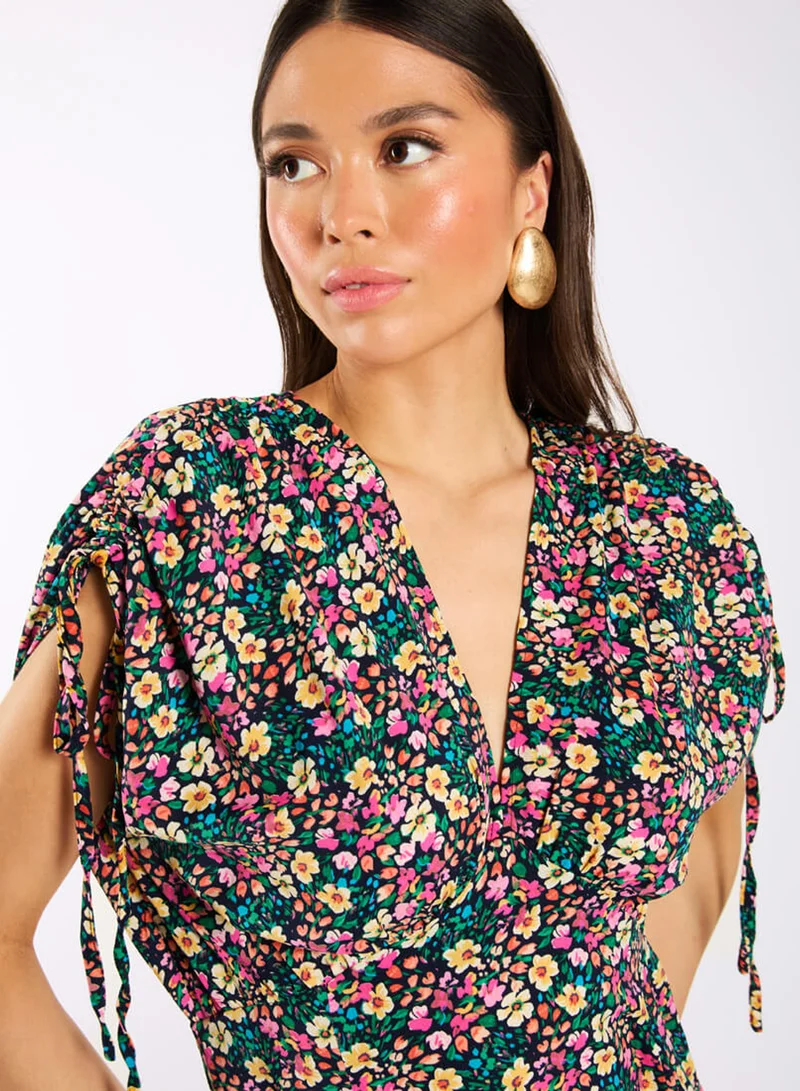 Needs No Label  Multicoloured Floral Gathered Sleeve Midi Dress for Women | Best Price UAE
