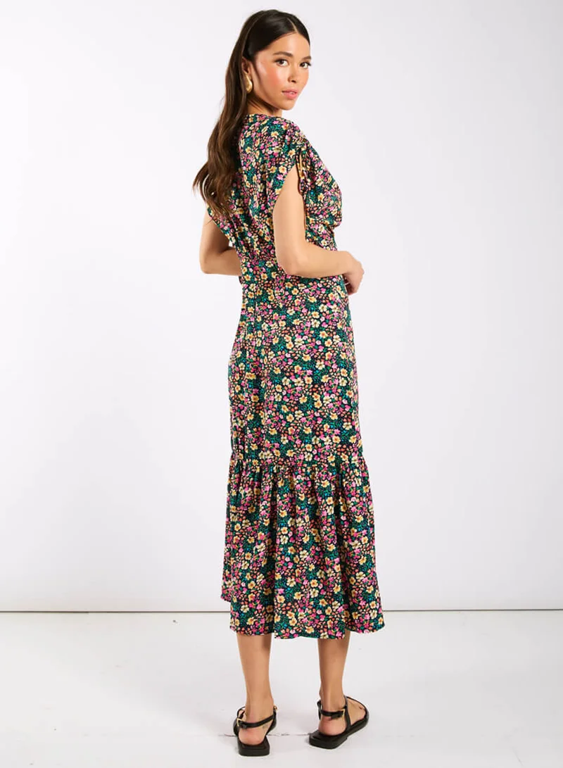 Needs No Label  Multicoloured Floral Gathered Sleeve Midi Dress for Women | Best Price UAE