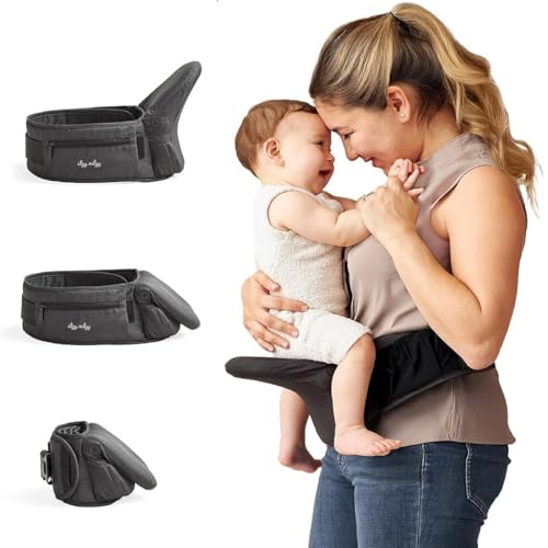 Itzy Ritzy Hip Seat Baby Carrier Foldable 3Position Infant Toddler Carrier Supports 1244 lbs Strapless Lightweight Design Includes Zippered Pocket Extender to Fit Waists up to 62 Black - Image 1