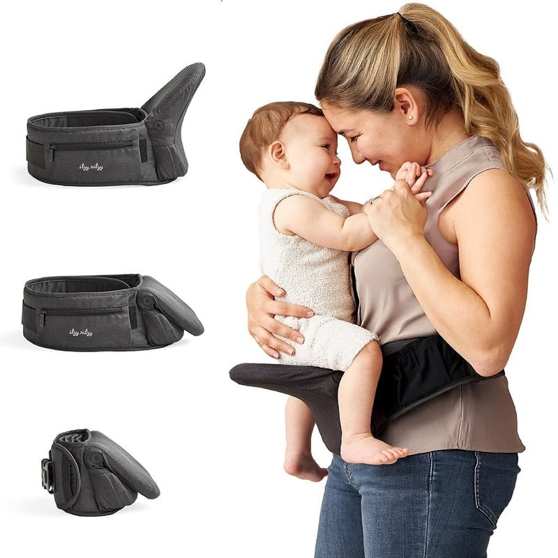 Itzy Ritzy Hip Seat Baby Carrier Foldable 3Position Infant Toddler Carrier Supports 1244 lbs Strapless Lightweight Design Includes Zippered Pocket Extender to Fit Waists up to 62 Black - Image 2