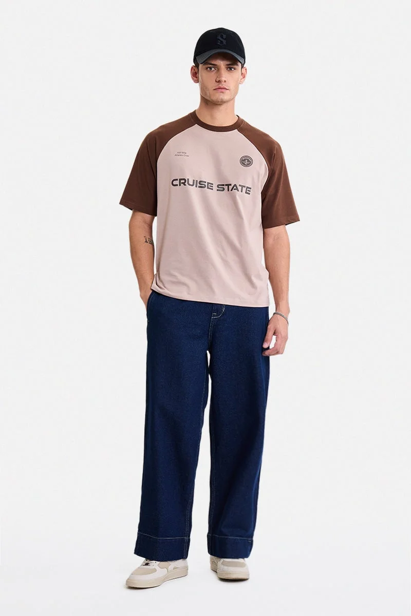 سنيتش Beige Graphic Raglan Sleeves Oversized Streetwear T-Shirt
