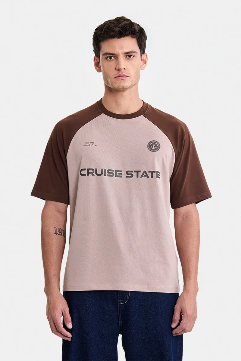 سنيتش Beige Graphic Raglan Sleeves Oversized Streetwear T-Shirt