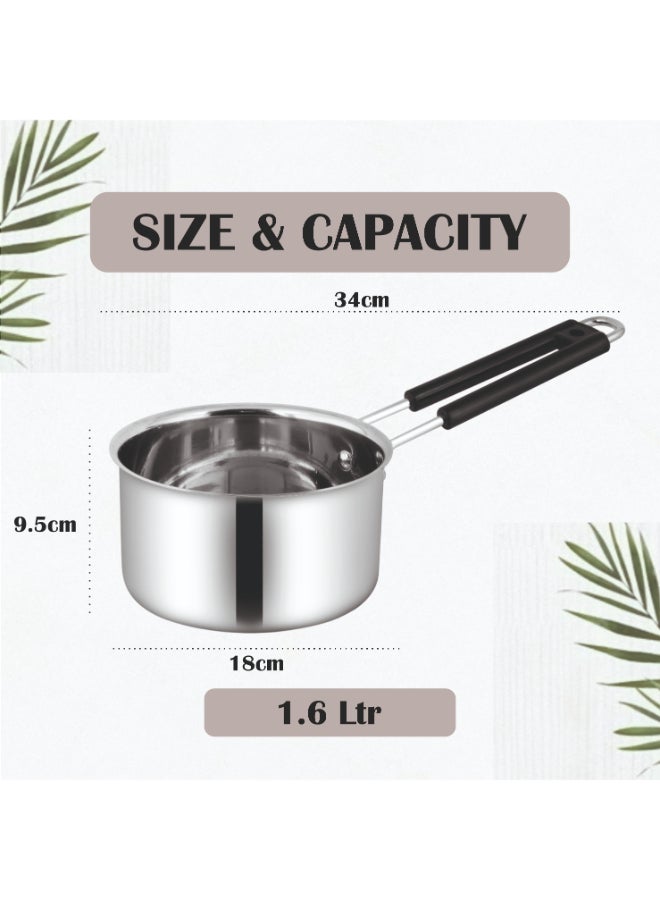 ايست من نون Stainless Steel Sauce/Tea Pan with Rubber padded Handle, 18 cm/ 2.3 Litre, Silver | Induction Safe | Flame Safe | Hot Plate Safe | Dishwahser Safe - Image 4