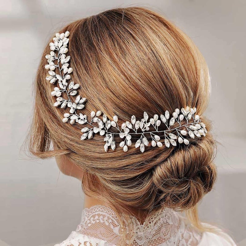 GORAIS Crystal Wedding Hair Vine Silver Pearl Headband Flower Leaf Hair Piece Hair Accessories for Women and Girls