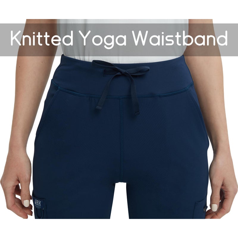 QBK High Rise Yoga Scrub Pants Women - Straight Wide Leg Uniform Pants with Cargo Pocket, Anti-Wrinkle & Knit Yoga Waistband (Tall, Navy, XL) - Image 4