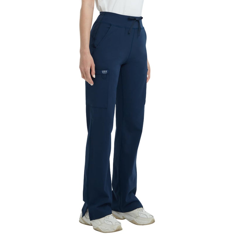 QBK High Rise Yoga Scrub Pants Women - Straight Wide Leg Uniform Pants with Cargo Pocket, Anti-Wrinkle & Knit Yoga Waistband (Tall, Navy, XL) - Image 1