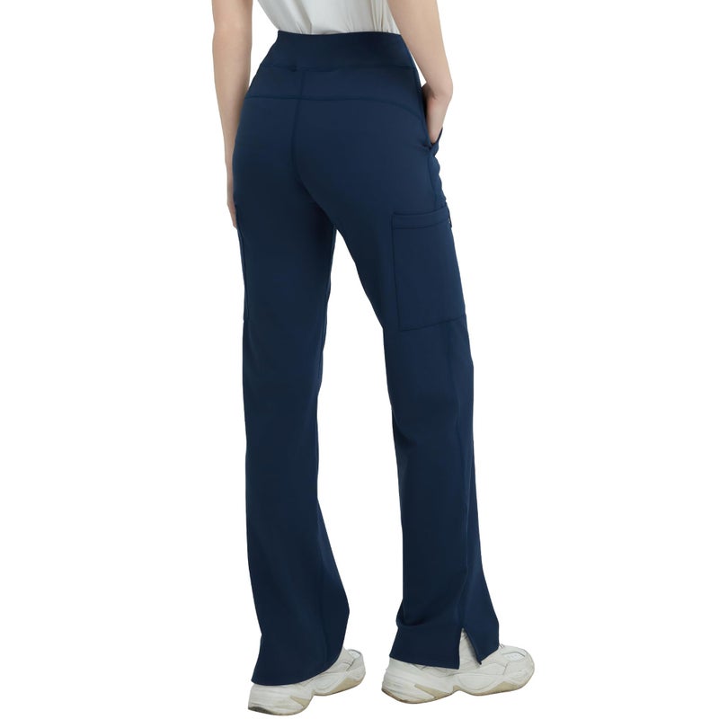 QBK High Rise Yoga Scrub Pants Women - Straight Wide Leg Uniform Pants with Cargo Pocket, Anti-Wrinkle & Knit Yoga Waistband (Tall, Navy, XL) - Image 2