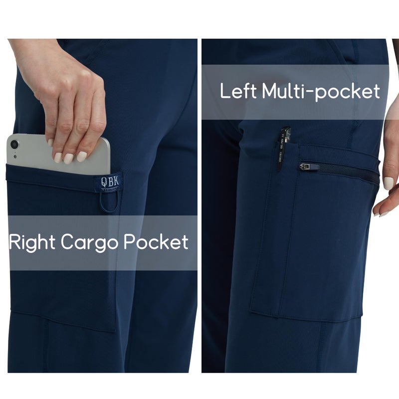 QBK High Rise Yoga Scrub Pants Women - Straight Wide Leg Uniform Pants with Cargo Pocket, Anti-Wrinkle & Knit Yoga Waistband (Tall, Navy, XL) - Image 5