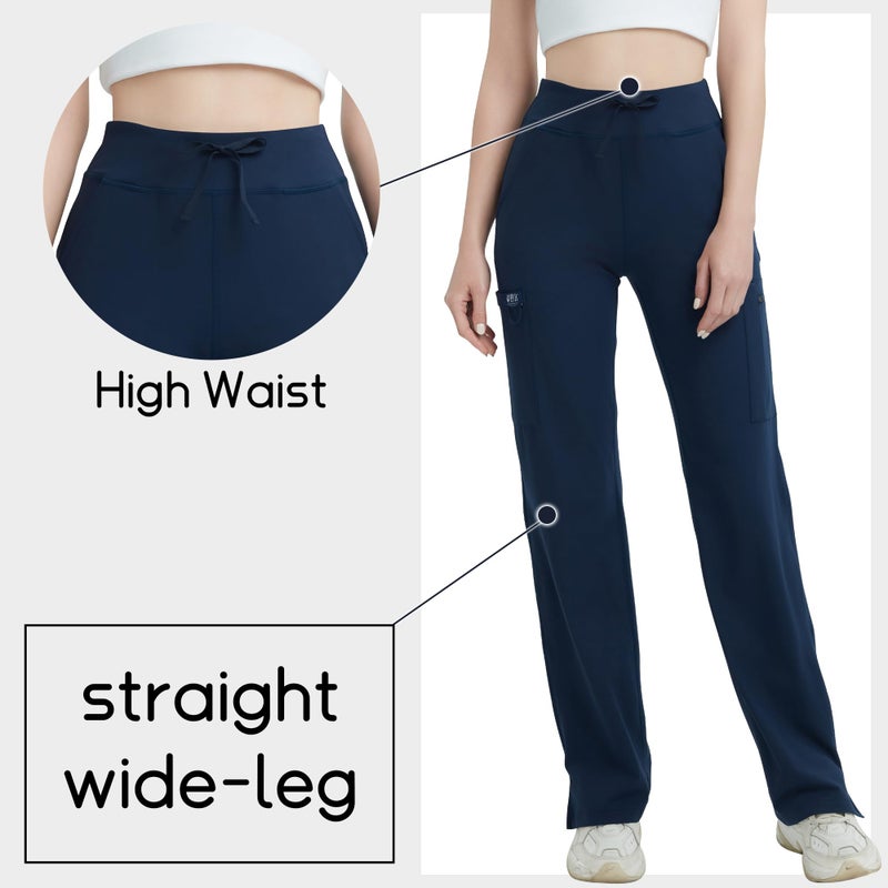 QBK High Rise Yoga Scrub Pants Women - Straight Wide Leg Uniform Pants with Cargo Pocket, Anti-Wrinkle & Knit Yoga Waistband (Tall, Navy, XL) - Image 3