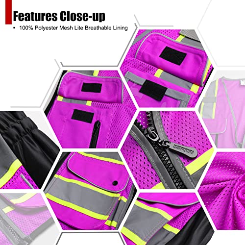 HATAUNKI Reflective Safety Vest for Women Mesh High Visibility Vest with 8 Pockets and Front Zipper High Vis Vest Work Vests Meets ANSI/ISEA Standards(Purple-16, Large) - Image 4