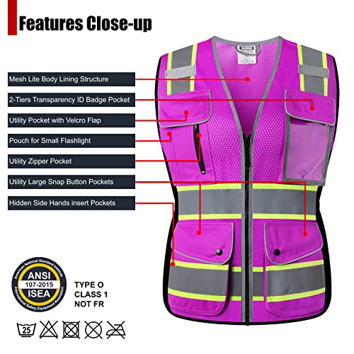 HATAUNKI Reflective Safety Vest for Women Mesh High Visibility Vest with 8 Pockets and Front Zipper High Vis Vest Work Vests Meets ANSI/ISEA Standards(Purple-16, Large) - Image 3