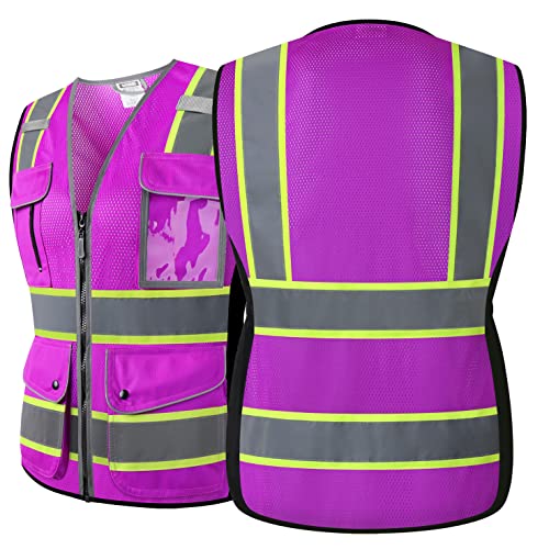 HATAUNKI Reflective Safety Vest for Women Mesh High Visibility Vest with 8 Pockets and Front Zipper High Vis Vest Work Vests Meets ANSI/ISEA Standards(Purple-16, Large) - Image 2