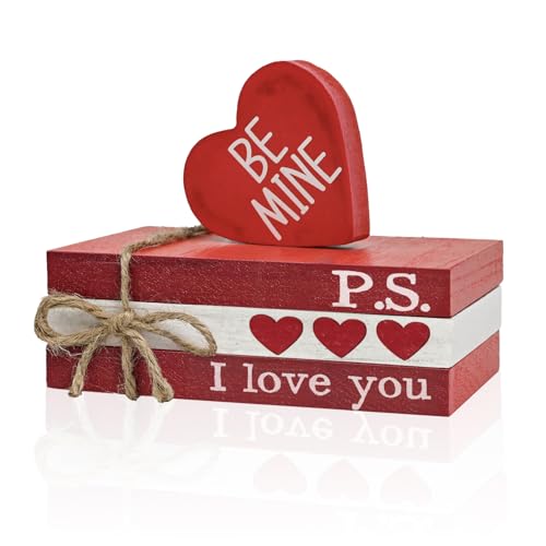 Sm:)e Smile Valentine's Day Wooden Book Decor, Be Mine, I Love You, Heart - Themed Shelf Signs, Valentine Indoor Decoration - Image 1