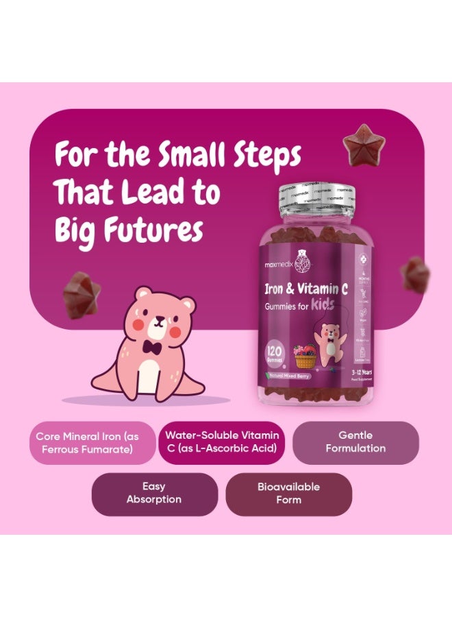 maxmedix جومي الحديد للأطفال - إمداد لمدة 4 أشهر - 120 جومي - مع فيتامين C - نكهة التوت المختلط الطبيعية - أشكال حيوية - خالية من النكهات الصناعية واللاكتوز - مكملات الحديد النباتية للأطفال - Image 2