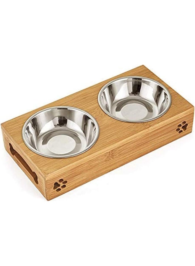 Mumoo Bear Double Pet Dog Bowl Stainless Steel Pet Bowl Bamboo Bottom Food Water Dual-use Feeding Dish - Image 1
