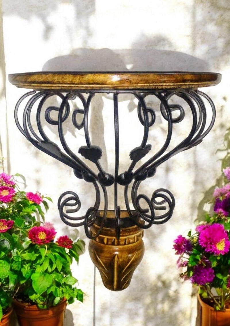 CRAFTCASTLE Wooden & Wrought Iron Fancy Wall Bracket Shelf/Plant Stand/Garden Decor Bracket Rack for Home & Living Room .Black & Brown (35X30X15) CM - Image 2