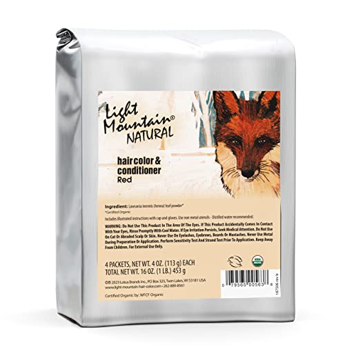 لون شعر الحناء من لايت ماونتن - بلسم لون الشعر - صبغة شعر حمراء - مسحوق أوراق الحناء العضوي والنباتات - خالية من المواد الكيميائية - لون شعر شبه دائم - 4 مشابك شعر