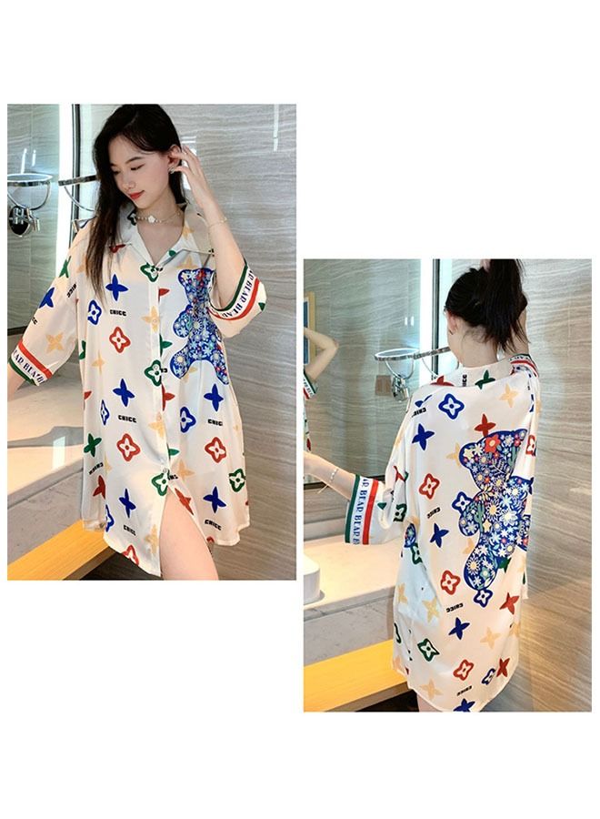 ZCM-HAPPY Ladies Spring And Summer Chiffon Short-Sleeved Printed Shirt Nightdress Sleepwear Nightwear - Image 3
