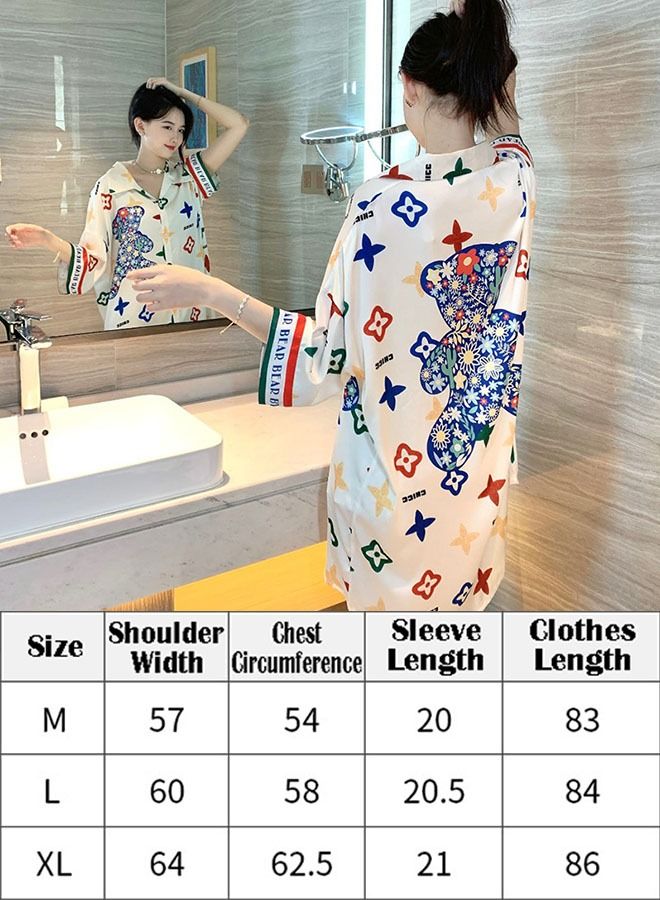 ZCM-HAPPY Ladies Spring And Summer Chiffon Short-Sleeved Printed Shirt Nightdress Sleepwear Nightwear - Image 2