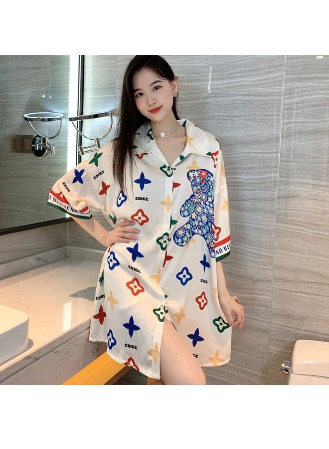 ZCM-HAPPY Ladies Spring And Summer Chiffon Short-Sleeved Printed Shirt Nightdress Sleepwear Nightwear - Image 1