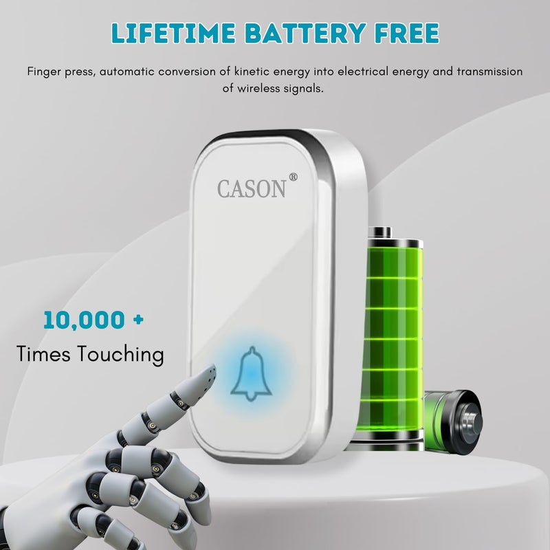 CASON جرس باب لاسلكي يعمل بالطاقة الذاتية بدون بطارية مع 2 جهاز تحكم عن بعد لنطاق طويل / جرس اتصال لاسلكي، جرس عن بعد مع نوع قابس، يصل إلى 1000 قدم (أبيض) - Image 3