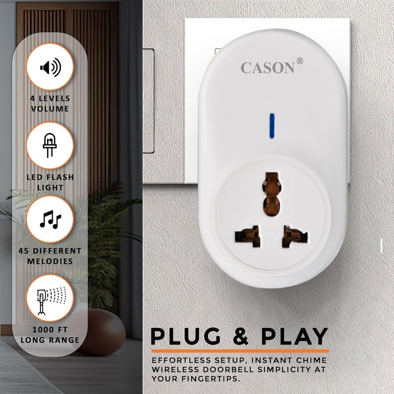 CASON جرس باب لاسلكي يعمل بالطاقة الذاتية بدون بطارية مع 2 جهاز تحكم عن بعد لنطاق طويل / جرس اتصال لاسلكي، جرس عن بعد مع نوع قابس، يصل إلى 1000 قدم (أبيض) - Image 4