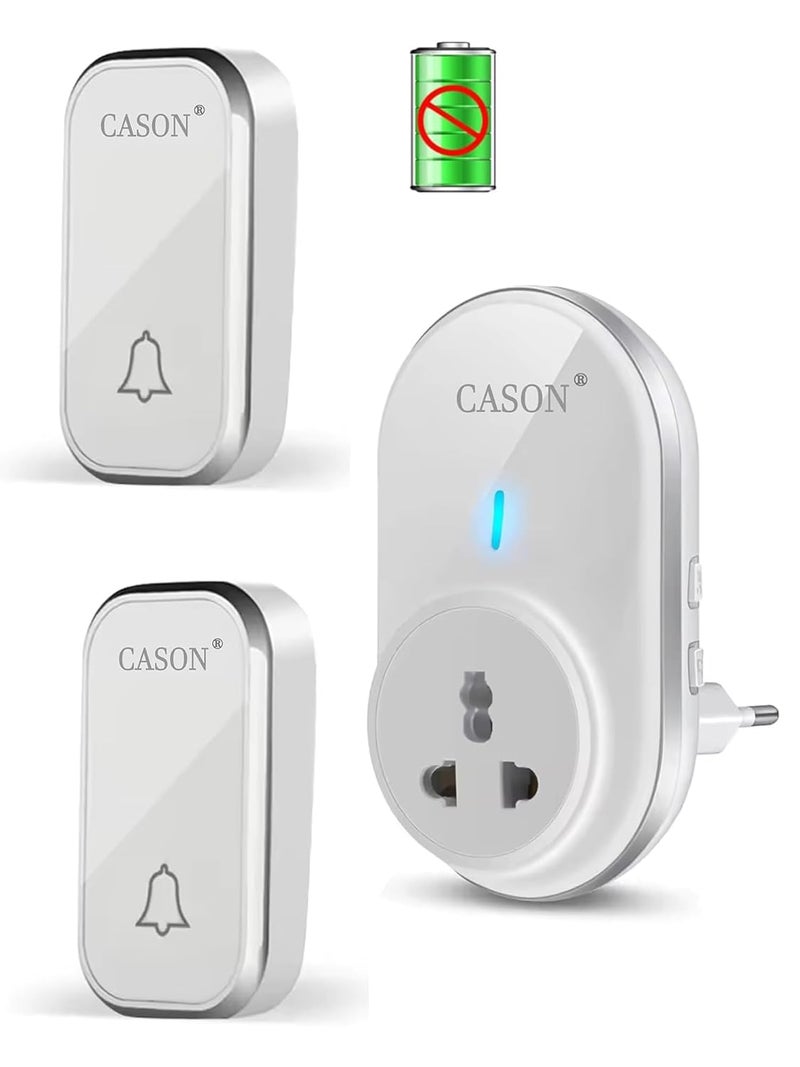 CASON جرس باب لاسلكي يعمل بالطاقة الذاتية بدون بطارية مع 2 جهاز تحكم عن بعد لنطاق طويل / جرس اتصال لاسلكي، جرس عن بعد مع نوع قابس، يصل إلى 1000 قدم (أبيض) - Image 1