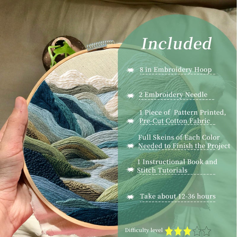 FONNUY Embroidery Kit for Beginners, Nature Hills Landscape Pre-Stamped Pattern Kits for Adults with Hoop, Easy to Follow Color Thread Needlework, 8'' Hoop (Green Hills) - Image 2