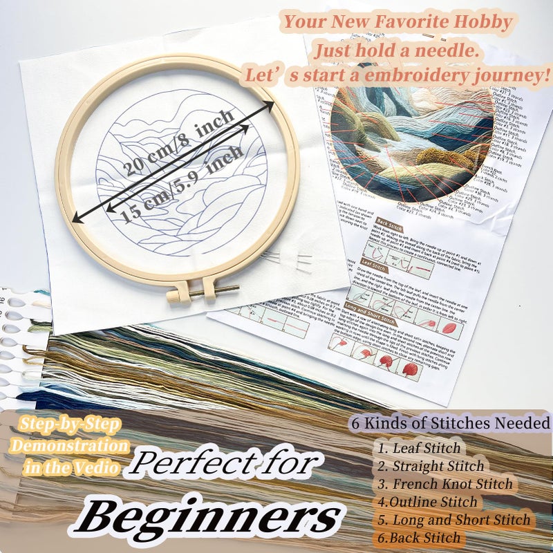 FONNUY Embroidery Kit for Beginners, Nature Hills Landscape Pre-Stamped Pattern Kits for Adults with Hoop, Easy to Follow Color Thread Needlework, 8'' Hoop (Green Hills) - Image 5