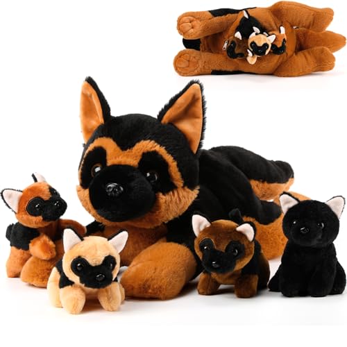 Skylety 5 Pcs Dog Stuffed Animal Puppy Stuffed with Babies Inside 1 Big Mommy with 4 Mini Baby Cute Soft Toy for Children Birthday Party Adopt a Puppy FavorGerman Shepherd - Image 1