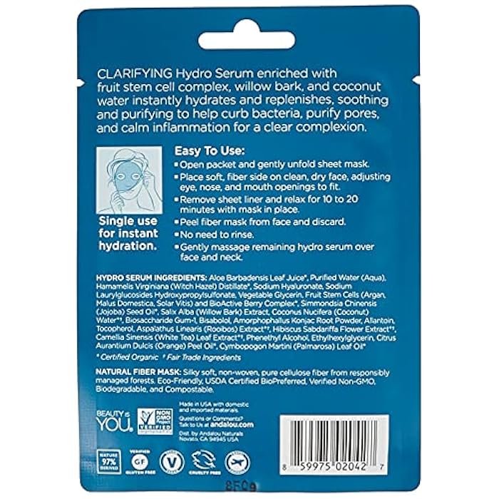 Andalou Naturals Instant Pure Pore Hydro Serum Facial Sheet Mask, Coconut Water, Clarifying, Non GMO, 0.6 Fluid Ounces (Pack Of 6) - Image 2