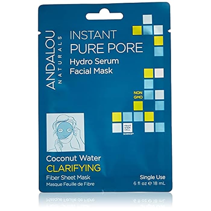 Andalou Naturals Instant Pure Pore Hydro Serum Facial Sheet Mask, Coconut Water, Clarifying, Non GMO, 0.6 Fluid Ounces (Pack Of 6) - Image 1