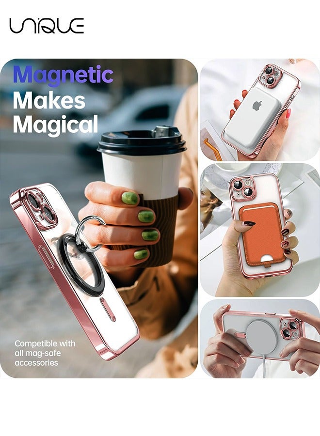 يونيك لغطاء ايفون 15 متوافق مع Magsafe حماية كاملة للكاميرا وجراب مغناطيسي ناعم مقاوم للصدمات مصمم للنساء ذهبي وردي - Image 3