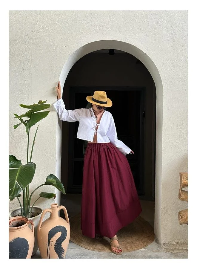 mina aise Burgundy Poplin Elastic Waist Long Skirt 27321.