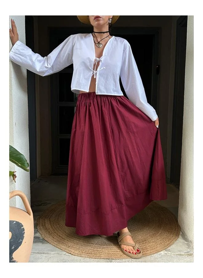 mina aise Burgundy Poplin Elastic Waist Long Skirt 27321.