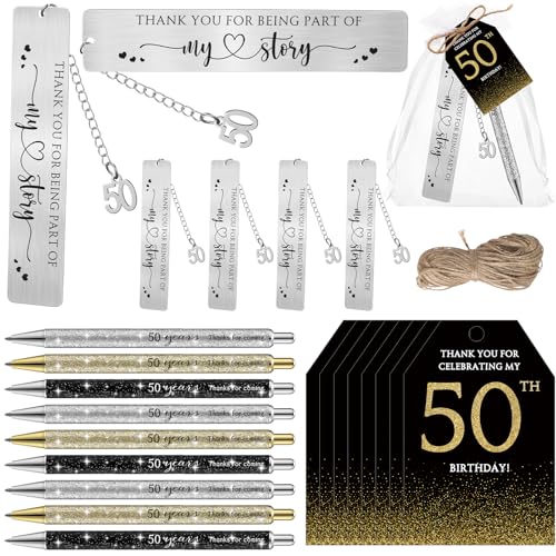 Sinload 24 Set 50th Birthday Favors for Guests Anniversary Party Favor Thanks for Coming Glitter Ballpoint Pen Bookmark Thank You Card Organza Bag for Adult Appreciation Souvenir Birthday Gift(50th) - Image 1