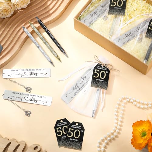 Sinload 24 Set 50th Birthday Favors for Guests Anniversary Party Favor Thanks for Coming Glitter Ballpoint Pen Bookmark Thank You Card Organza Bag for Adult Appreciation Souvenir Birthday Gift(50th) - Image 4