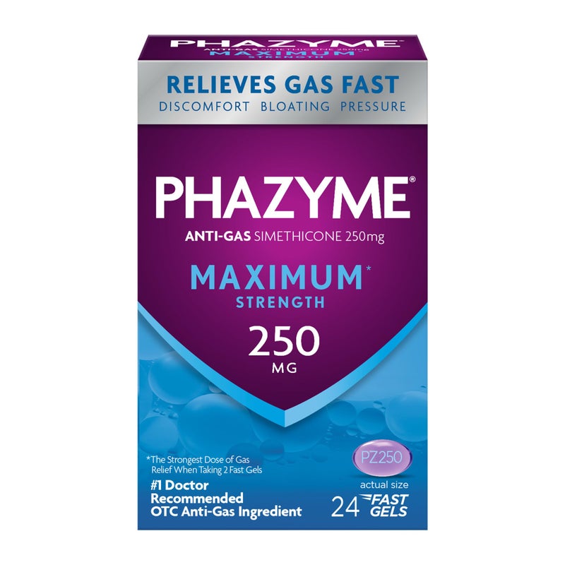 Phazyme Gas Relief Maximum Strength Gas and Bloating Relief for Adults 250 mg Simethicone Fast Gels 24 Count