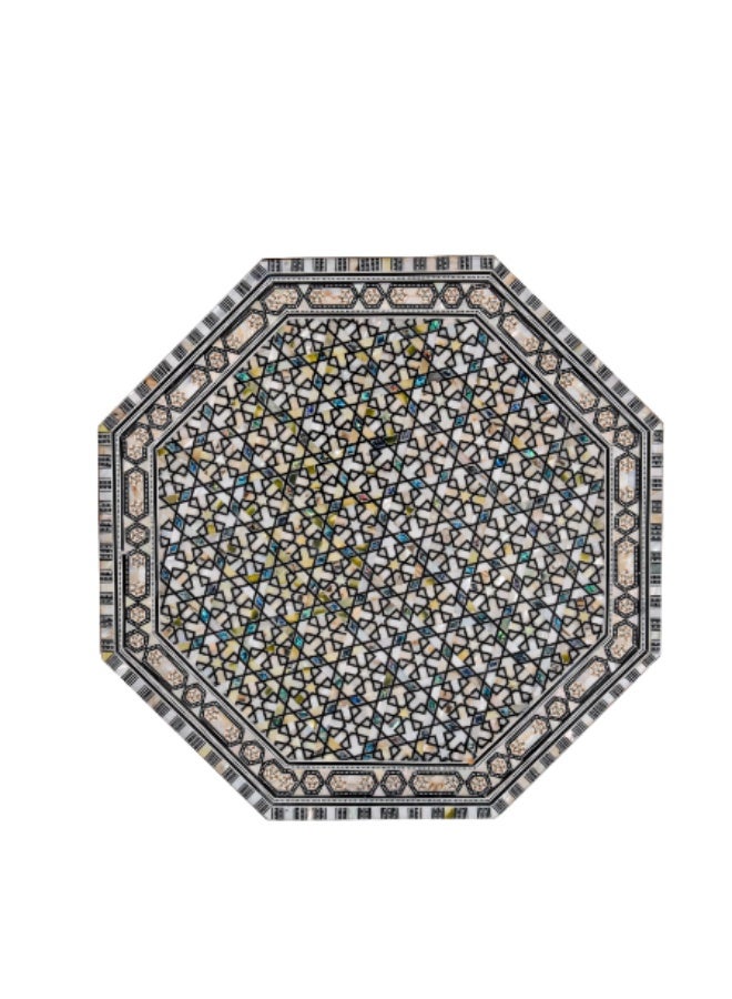 Handmade Handcrafted Tall Octagonal Wooden Side Table with Mashrabiya Spindles Inlaid with Natural Mother of Pearl Mosaic & Shell - Width 42 cm x Height 76 cm - Image 4