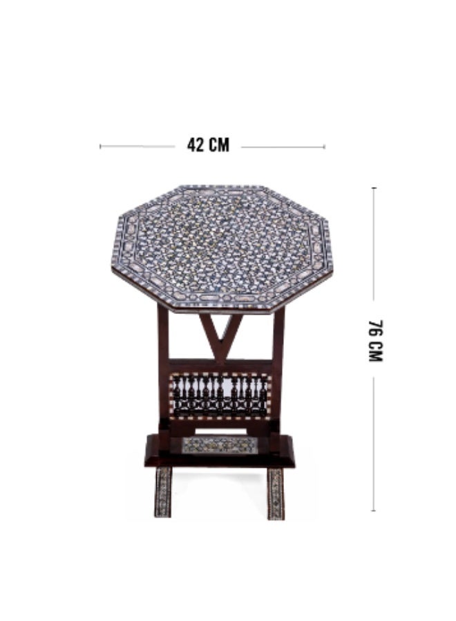 Handmade Handcrafted Tall Octagonal Wooden Side Table with Mashrabiya Spindles Inlaid with Natural Mother of Pearl Mosaic & Shell - Width 42 cm x Height 76 cm - Image 5