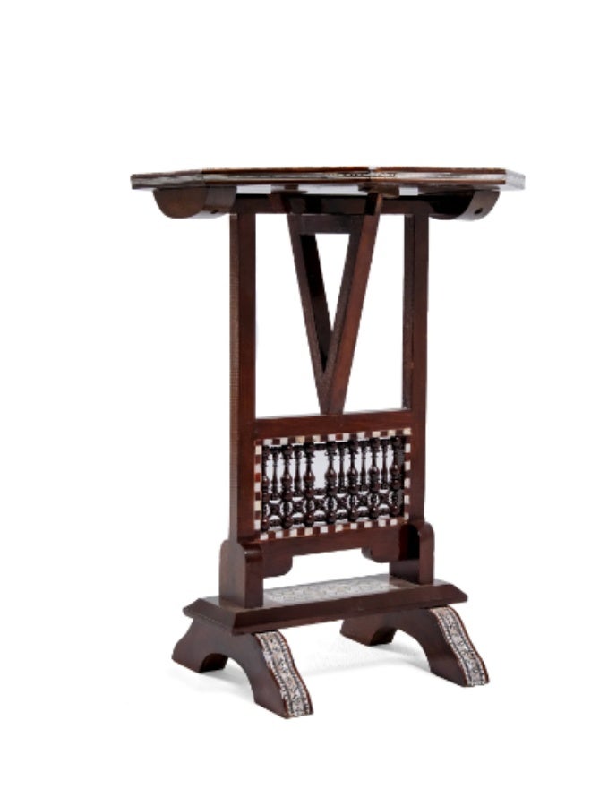 Handmade Handcrafted Tall Octagonal Wooden Side Table with Mashrabiya Spindles Inlaid with Natural Mother of Pearl Mosaic & Shell - Width 42 cm x Height 76 cm - Image 3