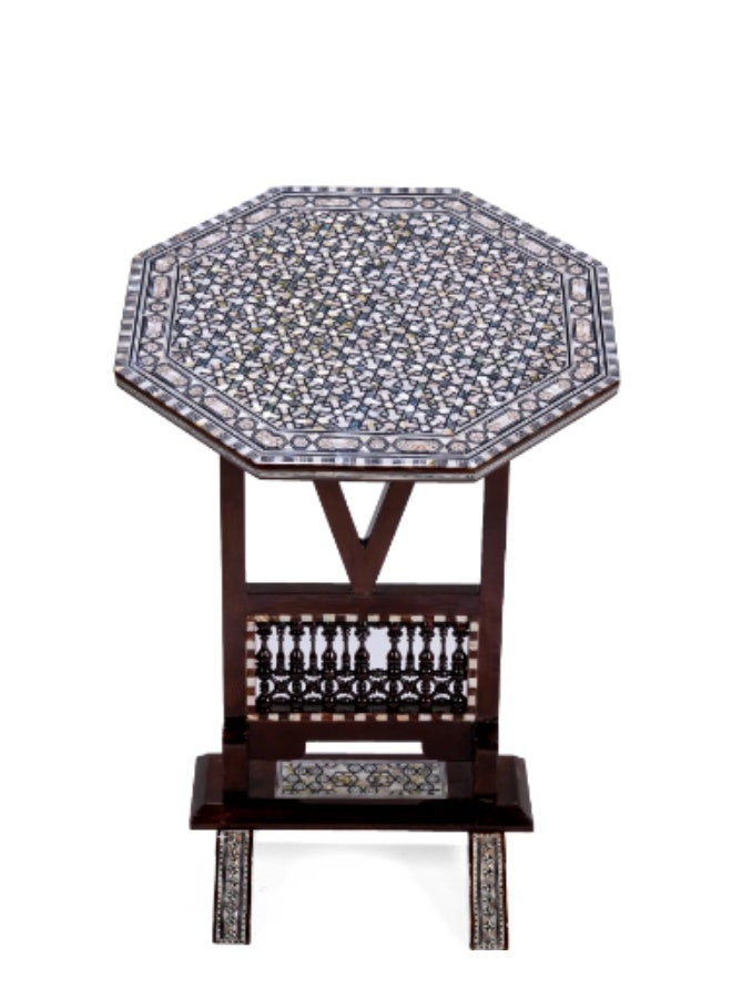Handmade Handcrafted Tall Octagonal Wooden Side Table with Mashrabiya Spindles Inlaid with Natural Mother of Pearl Mosaic & Shell - Width 42 cm x Height 76 cm - Image 1