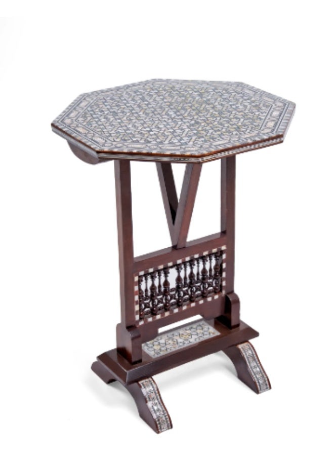 Handmade Handcrafted Tall Octagonal Wooden Side Table with Mashrabiya Spindles Inlaid with Natural Mother of Pearl Mosaic & Shell - Width 42 cm x Height 76 cm - Image 2