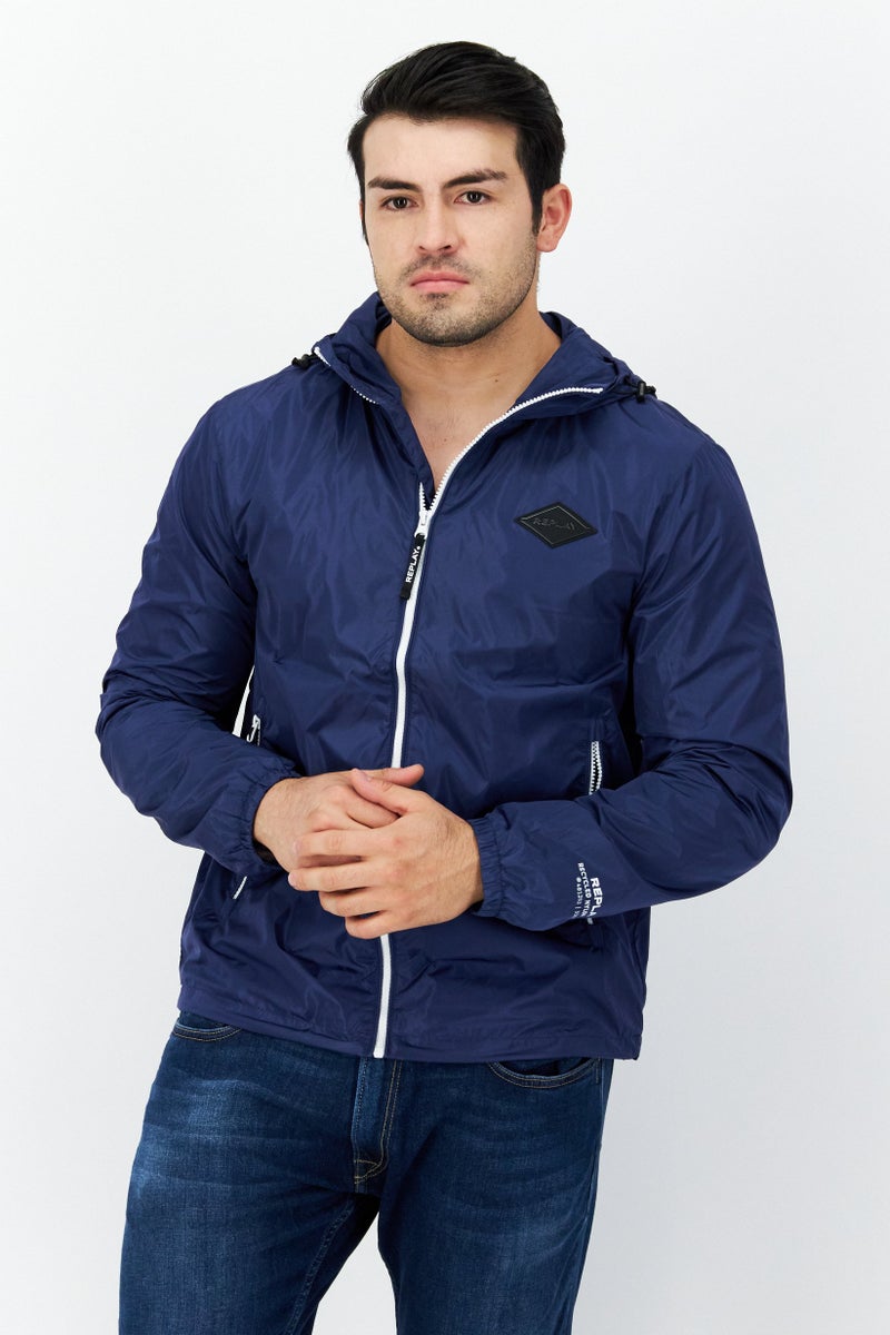 Replay Men Hooded Brand Logo Long Sleeve Windbreaker Jacket, Blue - Image 1
