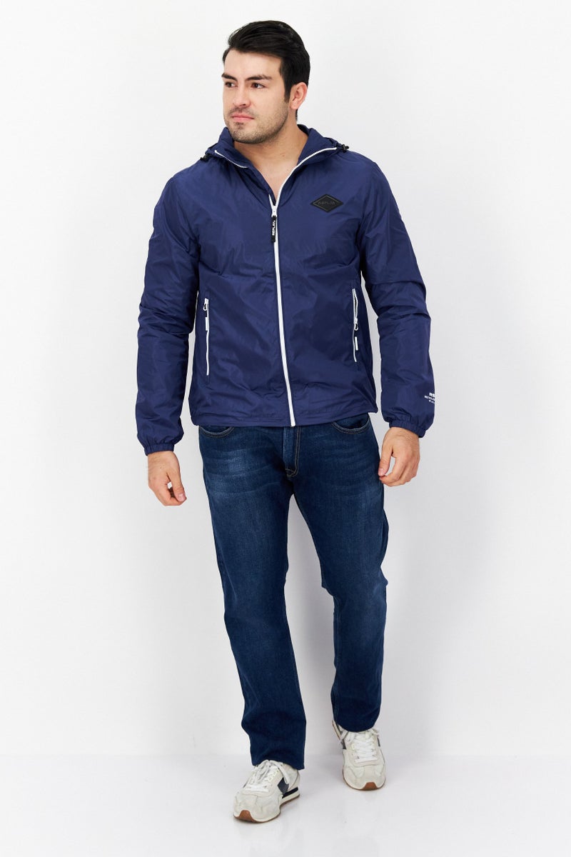 Replay Men Hooded Brand Logo Long Sleeve Windbreaker Jacket, Blue - Image 4